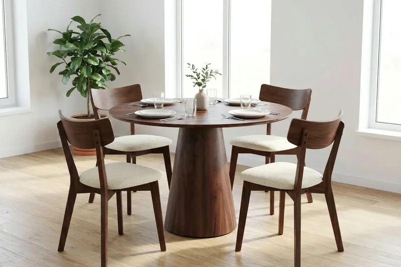 Siena Matgrupp 110 cm runt i Valnöt med 4 Amelia Matstolar med Dyna - Valnöt/Beige - Möbler - Matplats - Matgrupp & matbord med stolar