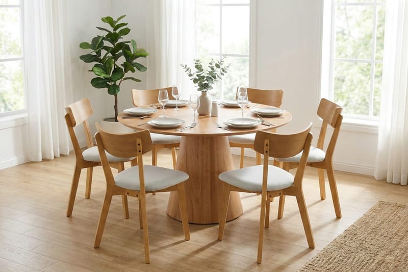 Siena Matgrupp 130 cm runt i Ek med 6 Amelia Matstolar med Dyna - Ek/Beige - Möbler - Matplats - Matgrupp & matbord med stolar