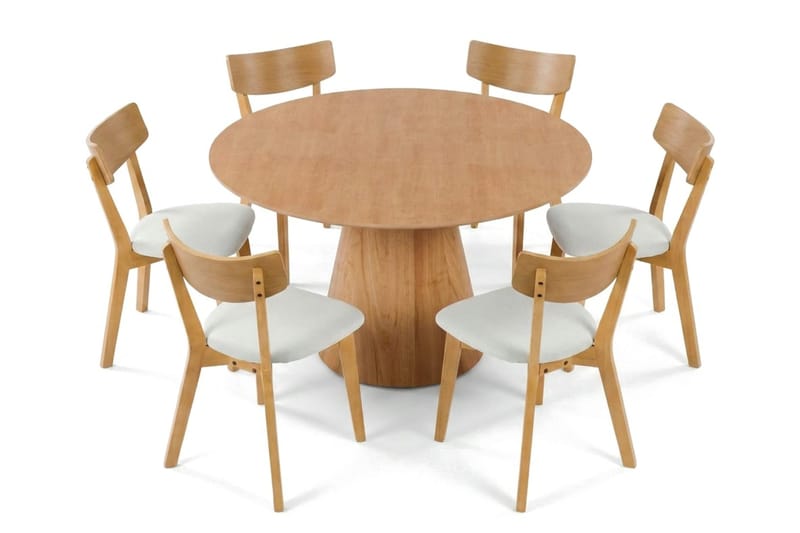 Siena Matgrupp 130 cm runt i Ek med 6 Amelia Matstolar med Dyna - Ek/Beige - Möbler - Matplats - Matgrupp & matbord med stolar