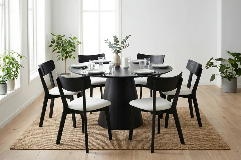 Siena Matgrupp 130 cm runt i Svart med 6 Amelia Matstolar med Dyna - Svart/Beige - Möbler - Matplats - Matgrupp & matbord med stolar