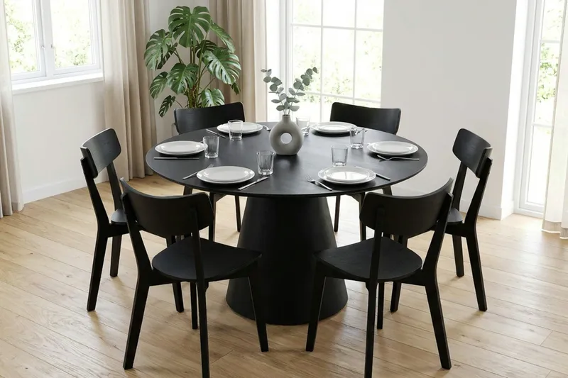 Siena Matgrupp 130 cm runt i Svart med 6 Amelia Matstolar - Svart - Möbler - Matplats - Matgrupp & matbord med stolar