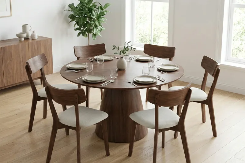 Siena Matgrupp 130 cm runt i Valnöt med 6 Amelia Matstolar med Dyna - Valnöt/Beige - Möbler - Matplats - Matgrupp & matbord med stolar
