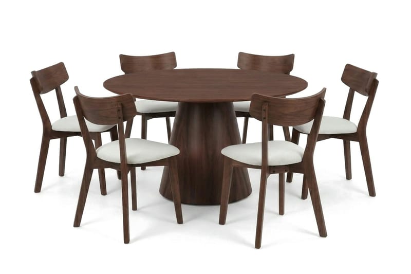 Siena Matgrupp 130 cm runt i Valnöt med 6 Amelia Matstolar med Dyna - Valnöt/Beige - Möbler - Matplats - Matgrupp & matbord med stolar