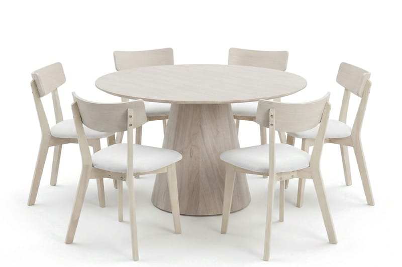 Siena Matgrupp 130 cm runt Vitlaserad med 6 Amelia Matstolar med Dyna - Vitlaserad/Beige - Möbler - Matplats - Matgrupp & matbord med stolar