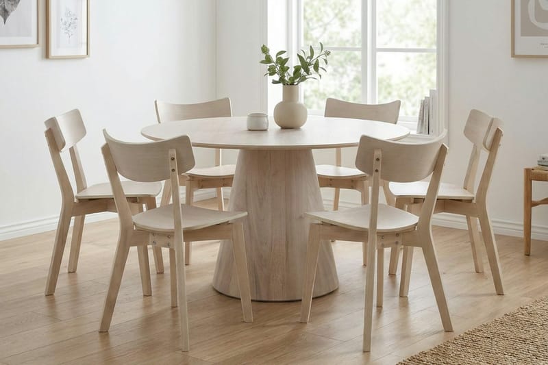 Siena Matgrupp 130 cm runt Vitlaserad med 6 Amelia Matstolar - Vitlaserad - Möbler - Matplats - Matgrupp & matbord med stolar