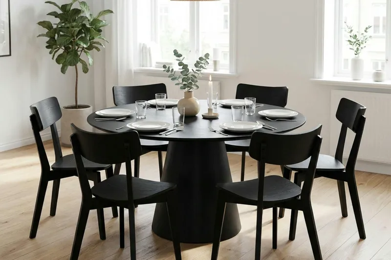Siena Matgrupp 150 cm runt i Svart med 6 Amelia Matstolar - Svart - Möbler - Matplats - Matgrupp & matbord med stolar