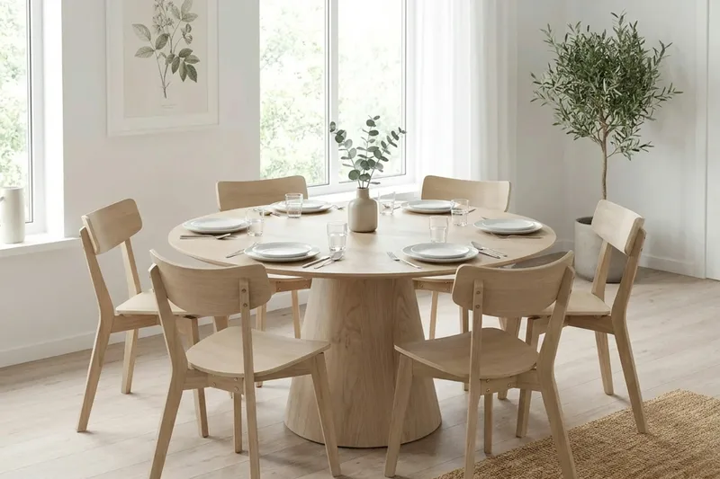 Siena Matgrupp 150 cm runt Vitlaserad med 6 Amelia Matstolar - Vitlaserad - Möbler - Matplats - Matgrupp & matbord med stolar