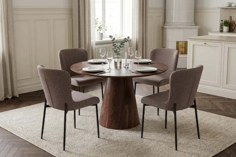 Siena Matgrupp runt 110 cm Valnöt med 4 Elsie Matstolar - Valnöt/Grå - Möbler - Matplats - Matgrupp & matbord med stolar