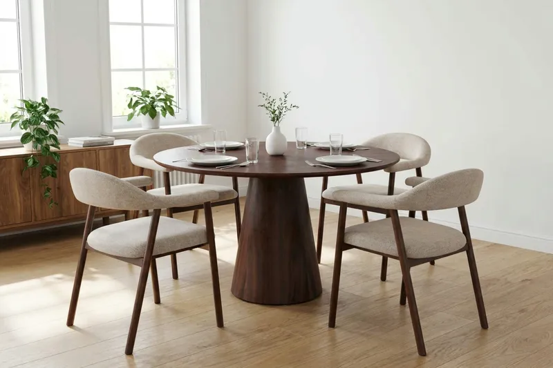 Siena Matgrupp runt 110 cm Valnöt med 4 Ronja Matstolar - Sand/Valnöt - Möbler - Matplats - Matgrupp & matbord med stolar