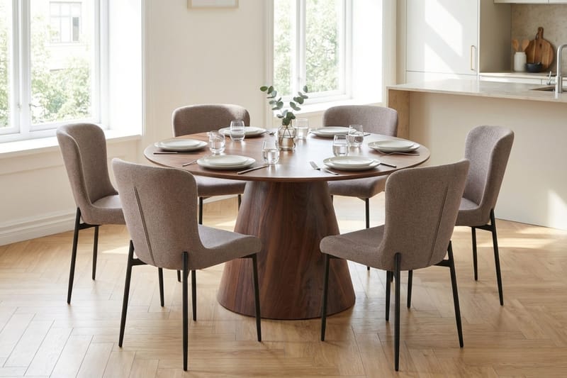 Siena Matgrupp runt 130 cm Valnöt med 6 Elsie Matstolar - Valnöt/Grå - Möbler - Matplats - Matgrupp & matbord med stolar