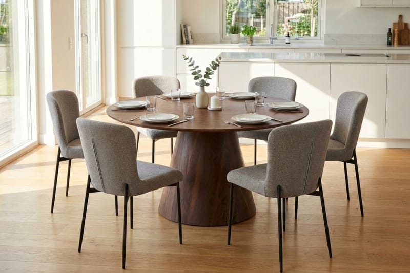 Siena Matgrupp runt 130 cm Valnöt med 6 Elsie Matstolar - Valnöt/Ljusgrå - Möbler - Matplats - Matgrupp & matbord med stolar