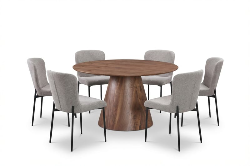 Siena Matgrupp runt 130 cm Valnöt med 6 Elsie Matstolar, Valnöt/Ljusgrå