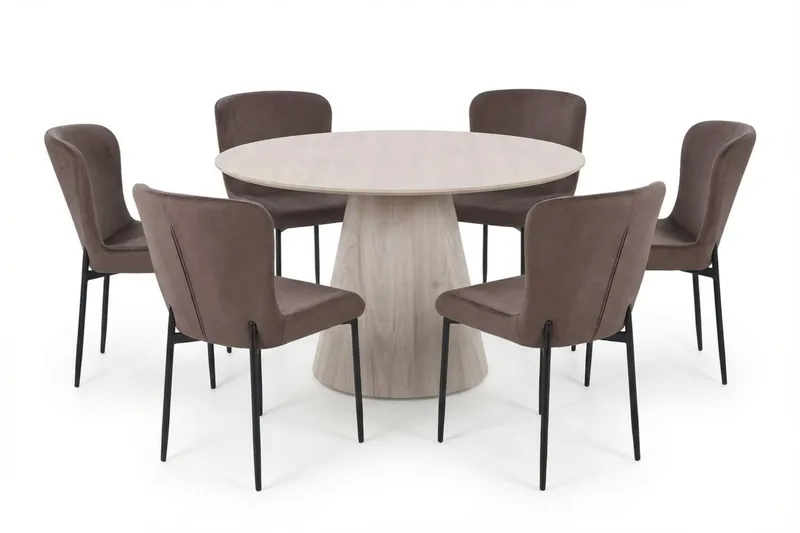 Siena Matgrupp runt 130 cm Vitlaserad med 6 Elsie Matstolar - Vitlaserad/Brun - Möbler - Matplats - Matgrupp & matbord med stolar