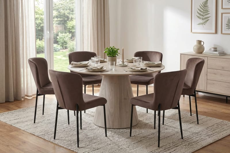 Siena Matgrupp runt 130 cm Vitlaserad med 6 Elsie Matstolar - Vitlaserad/Brun - Möbler - Matplats - Matgrupp & matbord med stolar