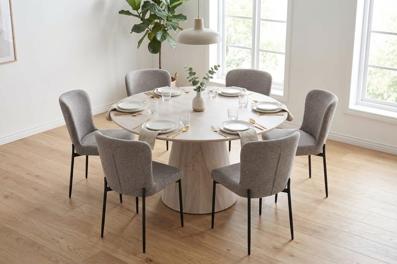 Siena Matgrupp runt 130 cm Vitlaserad med 6 Elsie Matstolar - Vitlaserad/Ljusgrå - Möbler - Matplats - Matgrupp & matbord med stolar