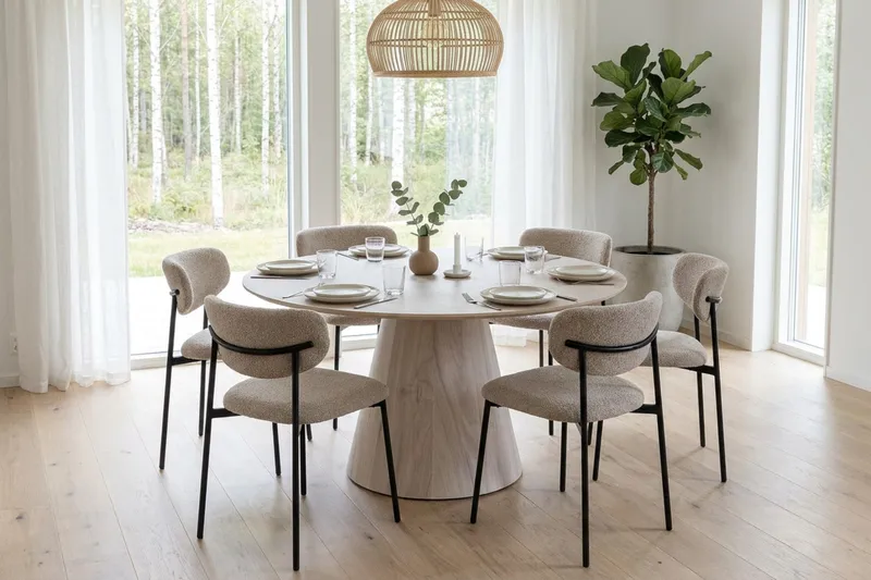 Siena Matgrupp runt 130 cm Vitlaserad med 6 Lucy Matstolar - Vitlaserad - Möbler - Matplats - Matgrupp & matbord med stolar