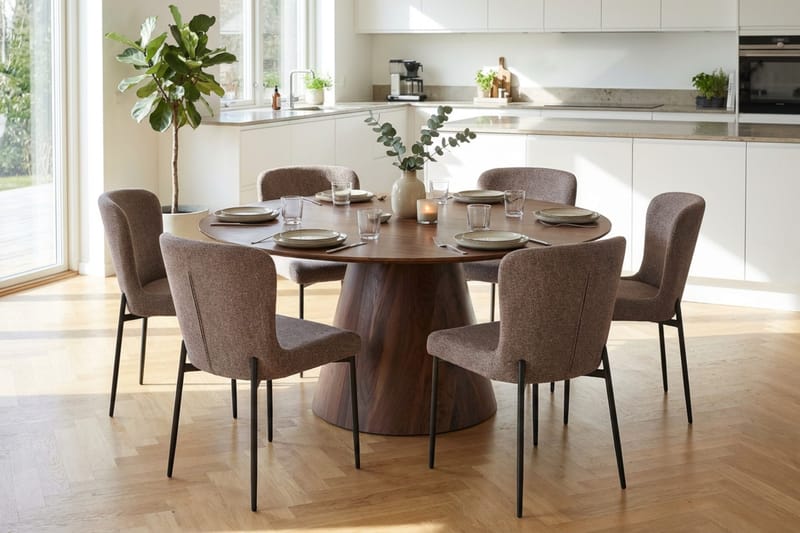 Siena Matgrupp runt 150 cm Valnöt med 6 Elsie Matstolar - Valnöt/Grå - Möbler - Matplats - Matgrupp & matbord med stolar