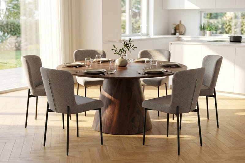 Siena Matgrupp runt 150 cm Valnöt med 6 Elsie Matstolar - Valnöt/Ljusgrå - Möbler - Matplats - Matgrupp & matbord med stolar