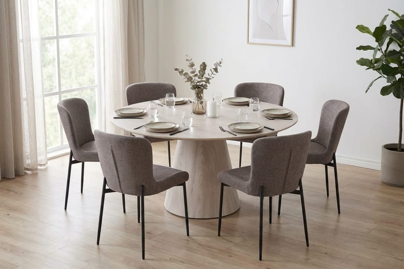 Siena Matgrupp runt 150 cm Vitlaserad med 6 Elsie Matstolar - Vitlaserad/Brun - Möbler - Matplats - Matgrupp & matbord med stolar