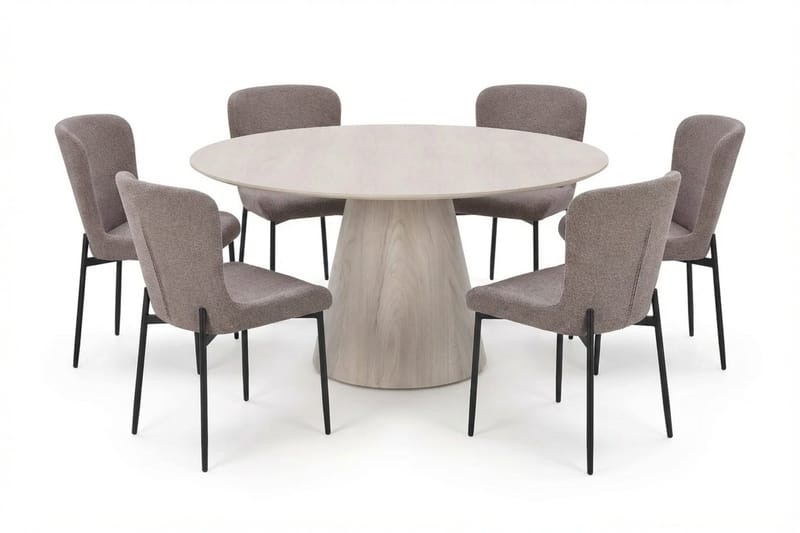 Siena Matgrupp runt 150 cm Vitlaserad med 6 Elsie Matstolar - Vitlaserad/Brun - Möbler - Matplats - Matgrupp & matbord med stolar