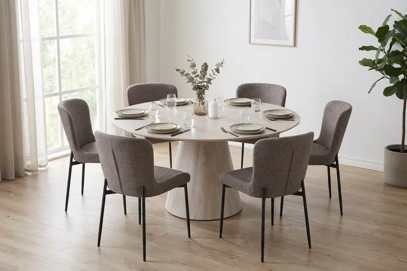 Siena Matgrupp runt 150 cm Vitlaserad med 6 Elsie Matstolar - Vitlaserad/Grå - Möbler - Matplats - Matgrupp & matbord med stolar