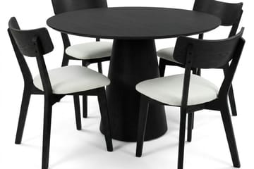 Siena Rund Matgrupp 110 cm – Matbord med 4 Amelia Matstolar med Dyna i Trä med Svartlaserad Ek-utseende - Svart - Möbler - Matplats - Matgrupp & matbord med stolar