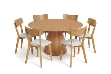 Siena Rund Matgrupp 150 cm – Matbord med 6 Amelia Matstolar med Dyna i Trä med Ekutseende - Natur - Möbler - Matplats - Matgrupp & matbord med stolar