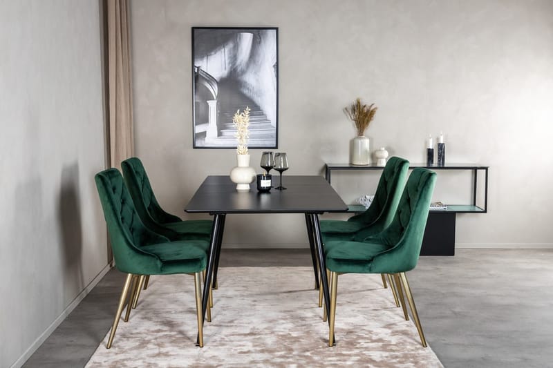 Silar Matgrupp Förlängningsbar 120 cm Rektangulär med 4 Velvet Deluxe stolar, Svart/Guld/Grön