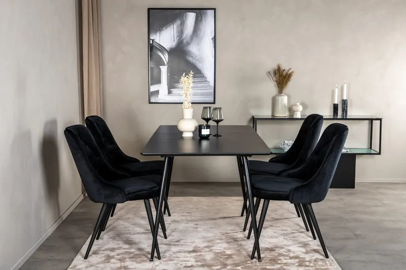Silar Rektangulär Matgrupp 120-160 cm med 4 Velvet Deluxe Matstolar, svart