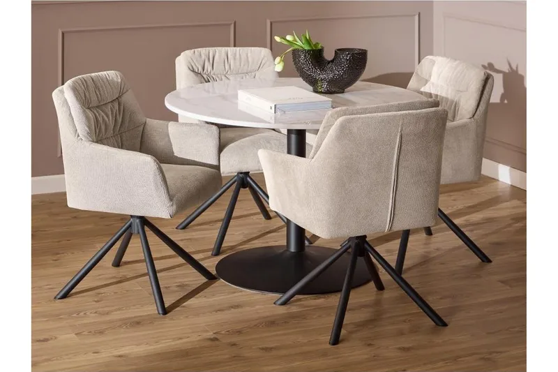 Stabby Matgrupp Rund 110 cm + 4 st Matstolar, Svart/Vit/Beige