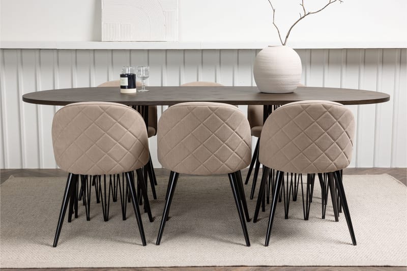 Stone Matgrupp 220 cm Rektangulär med 6 Velvet stolar - Beige - Möbler - Matplats - Matgrupp & matbord med stolar