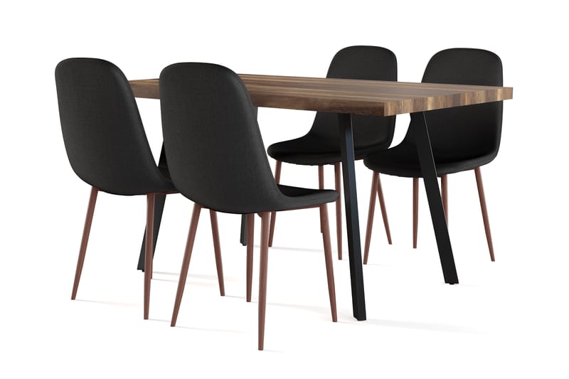 Sweetpo Matbord Förlängningsbart med illäggsskiva +  4 st Nikolas stol svart med valnöt ben, Brun/Svart