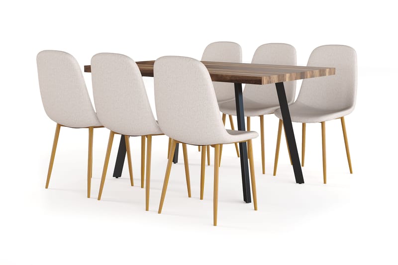 Sweetpo Matbord Förlängningsbart med illäggsskiva +  6 st Nikolas stol beige med ek ben, Brun/Beige