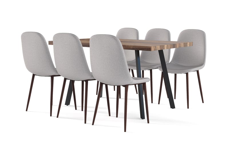 Sweetpo Matbord Förlängningsbart med illäggsskiva +  6 st Nikolas stol grå med valnöt ben, Brun/Grå