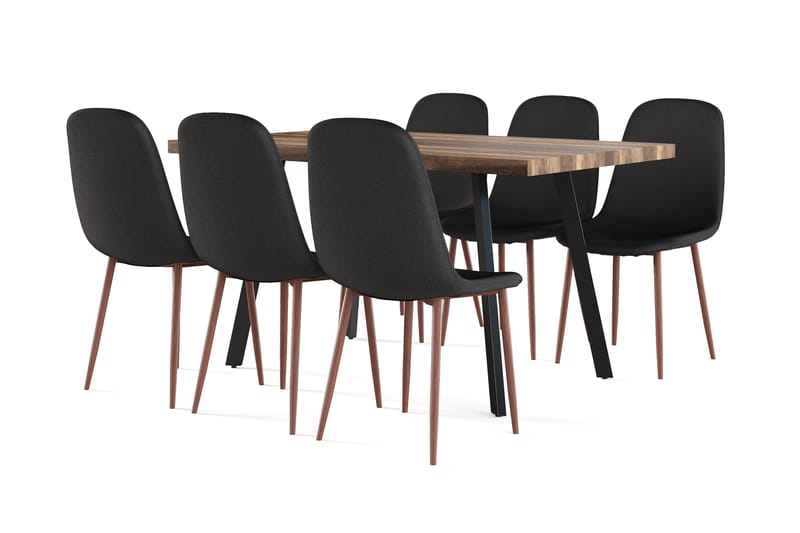 Sweetpo Matbord Förlängningsbart med illäggsskiva +  6 st Nikolas stol svart med valnöt ben, Brun/Svart