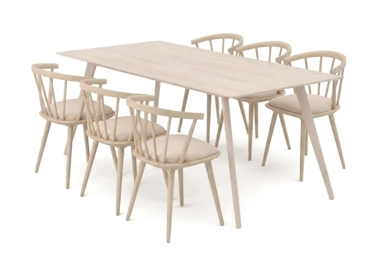 Tyrö Matgrupp 190 cm Whitewash med 6 st Tyrö Karmstolar med Dyna, Vitlaserad ek