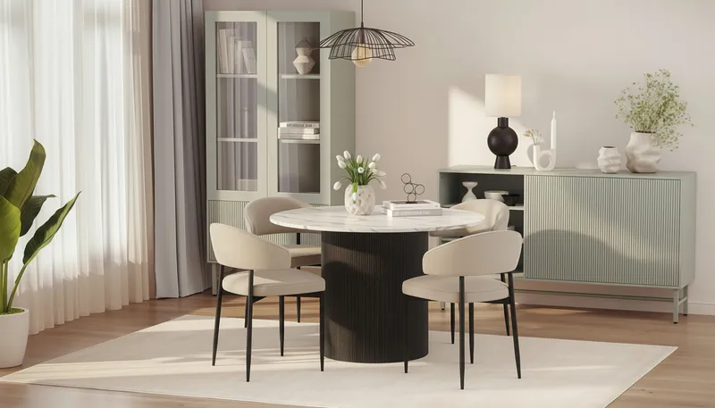 Uppveda Matbord 120 cm Rund med 4 Sawako Stolar - Svart/Vit - Möbler - Matplats - Matgrupp & matbord med stolar