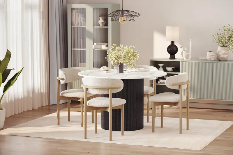Uppveda Matbord 120 cm Rund med 4 st Jaiveer Matstolar - Svart/Vit - Möbler - Matplats - Matgrupp & matbord med stolar