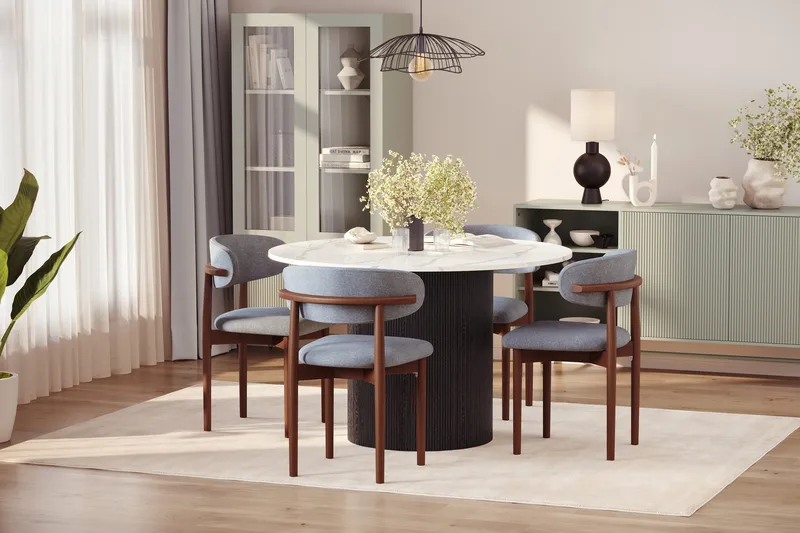 Uppveda Matbord 120 cm Rund med 4 st Jaiveer Matstolar - Svart/Vit - Möbler - Matplats - Matgrupp & matbord med stolar