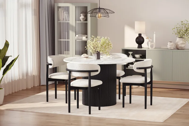 Uppveda Matbord 120 cm Rund med 4 st Jaiveer Matstolar - Svart/Vit - Möbler - Matplats - Matgrupp & matbord med stolar