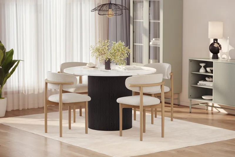 Uppveda Matbord 120 cm Rund med 4 st Jaiveer Matstolar - Svart/Vit - Möbler - Matplats - Matgrupp & matbord med stolar