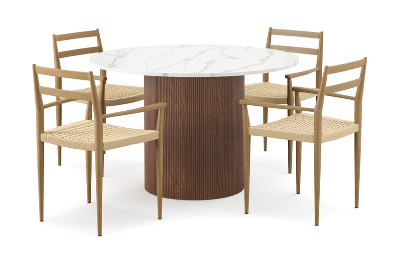 Uppveda Matbord 120 cm Rund med 4 st Jamna Karmstolar - Brun - Möbler - Matplats - Matgrupp & matbord med stolar