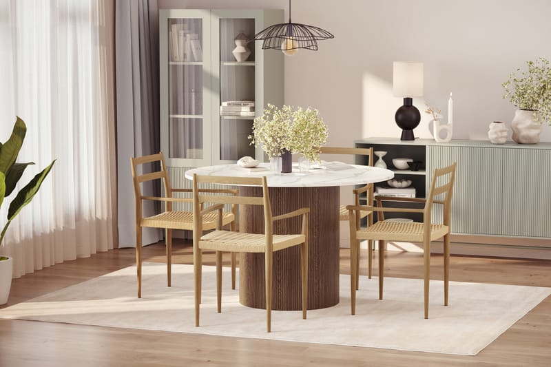 Uppveda Matbord 120 cm Rund med 4 st Jamna Karmstolar - Brun - Möbler - Matplats - Matgrupp & matbord med stolar