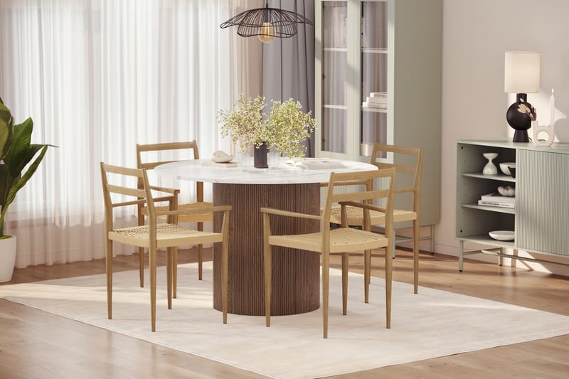 Uppveda Matbord 120 cm Rund med 4 st Jamna Karmstolar - Brun - Möbler - Matplats - Matgrupp & matbord med stolar