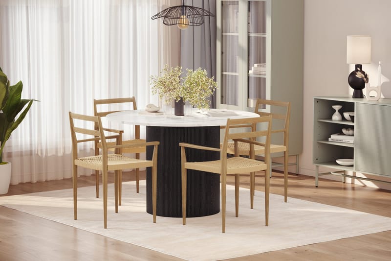 Uppveda Matbord 120 cm Rund med 4 st Jamna Karmstolar - Svart/Vit - Möbler - Matplats - Matgrupp & matbord med stolar