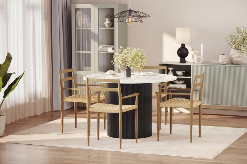 Uppveda Matbord 120 cm Rund med 4 st Jamna Karmstolar - Svart/Vit - Möbler - Matplats - Matgrupp & matbord med stolar