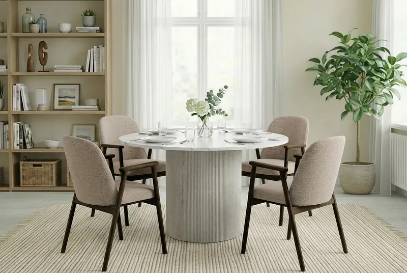 Uppveda Matbord 120 cm Rund Vitt med 4 Reciclar Matstolar - Vit/Greige - Möbler - Matplats - Matgrupp & matbord med stolar