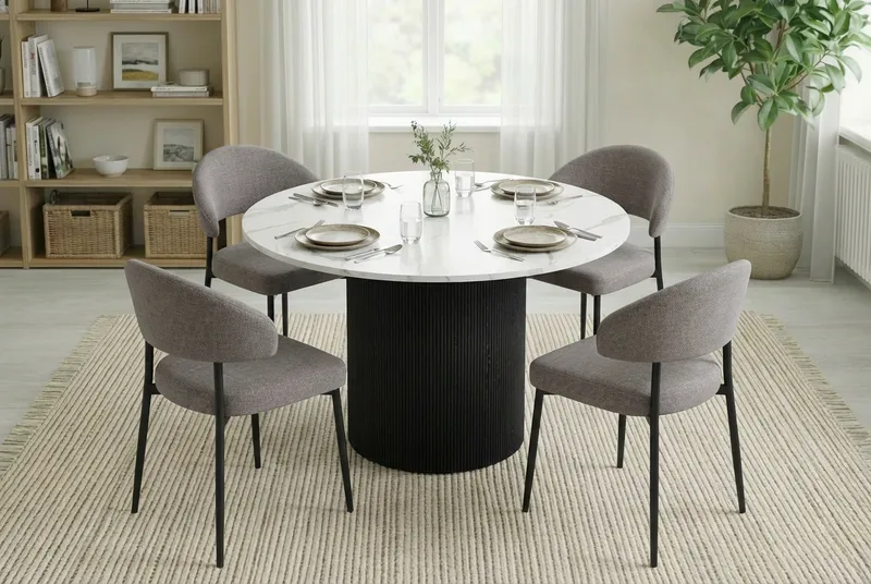 Uppveda Matbord 120 cm Runt Svart med 4 Sawako Greige Stolar - Svart/Vit/Greige - Möbler - Matplats - Matgrupp & matbord med stolar