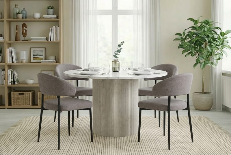 Uppveda Matbord 120 cm Runt Vitt med 4 Sawako Greige Stolar - Vit/Greige - Möbler - Matplats - Matgrupp & matbord med stolar