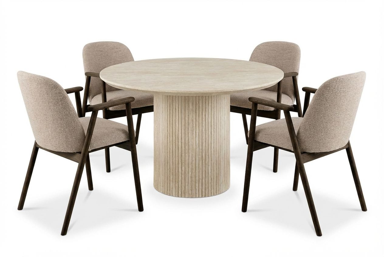 Uppveda Matbord Runt 120 cm Travertin med 4 Reciclar Matstolar – Travertin/Greige
